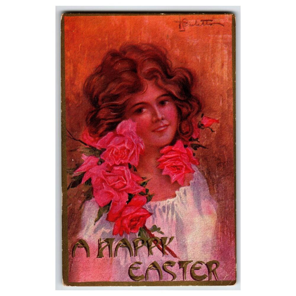 1910 Easter Postcard Pretty Girl Pink Roses Embossed Art Athol MA Postmark